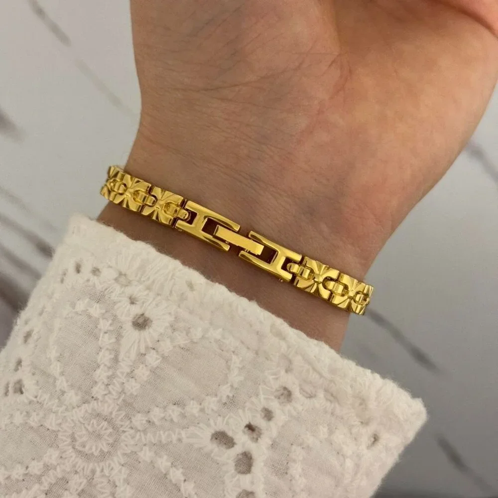 Sku0461‎ gold mini watch bracelet with brown natural stone inserts vintage style